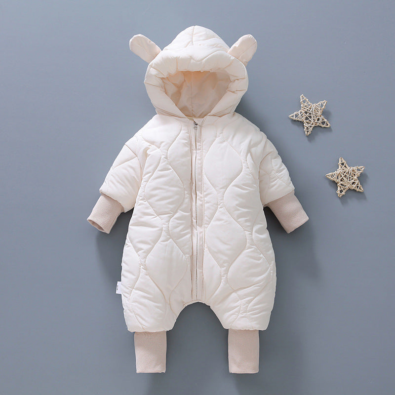 Infant and toddler onesies, fleece-lined and cotton-padded rompers, newborn hooded quilted winter outfits, stylish outdoor wear