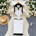 Xiaoxiangfengretrocontrast colorpolo collar sleeveless knittingdress women's summer french waist slimming looksweater short skirt