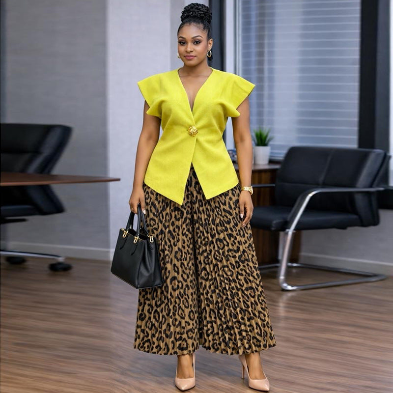 European and american cross-border women's fashion:  summer new arrival - elegant solid color asymmetrical vest top and pleated wide-leg pants set