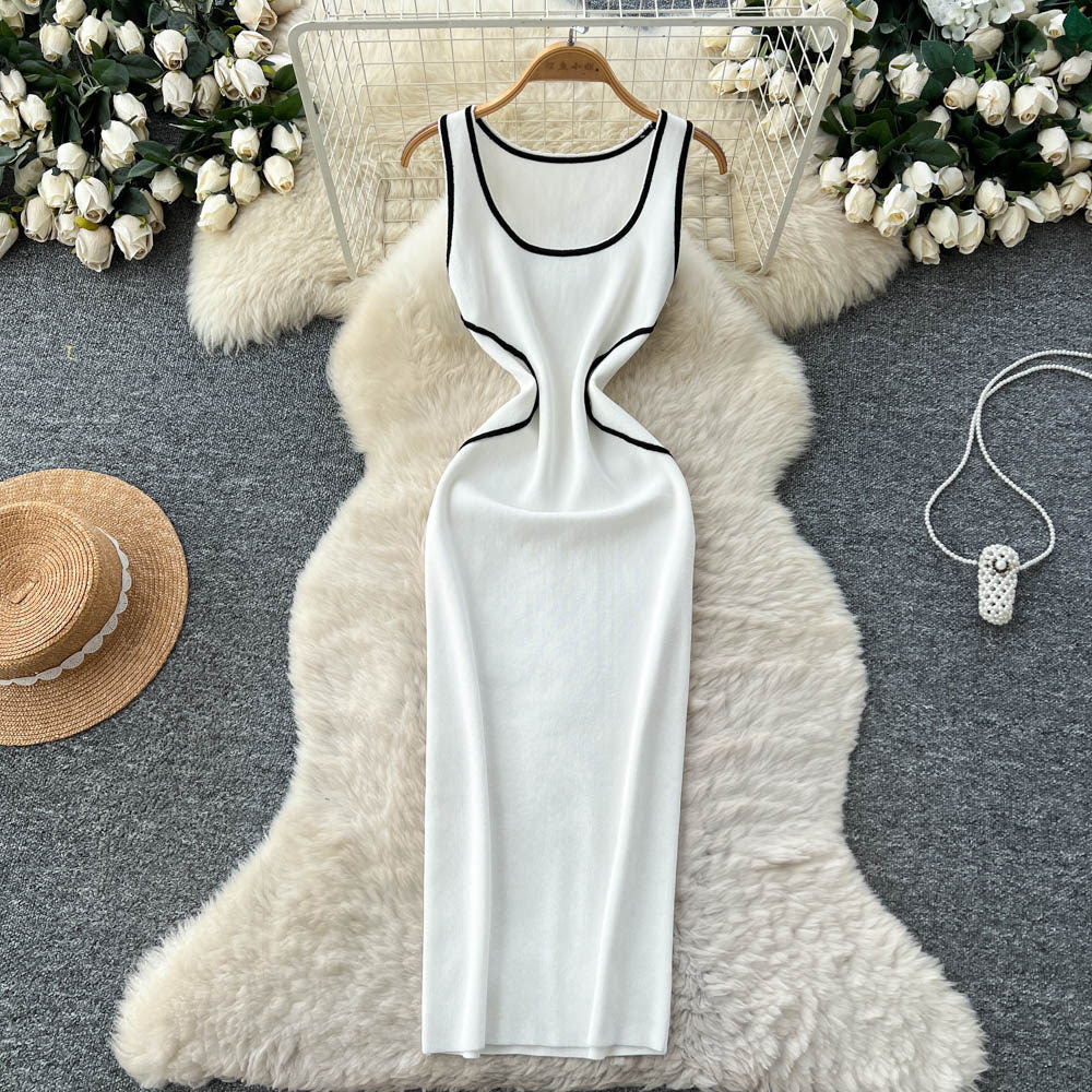 Xiaoxiangfengclassy contrast colorbows strappy long sleevesdress women's metal buckle waist slimming lookknitting short skirt