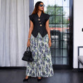 European and american cross-border women's fashion:  summer new arrivals - asymmetrical vest top and printed pleated midi skirt set
