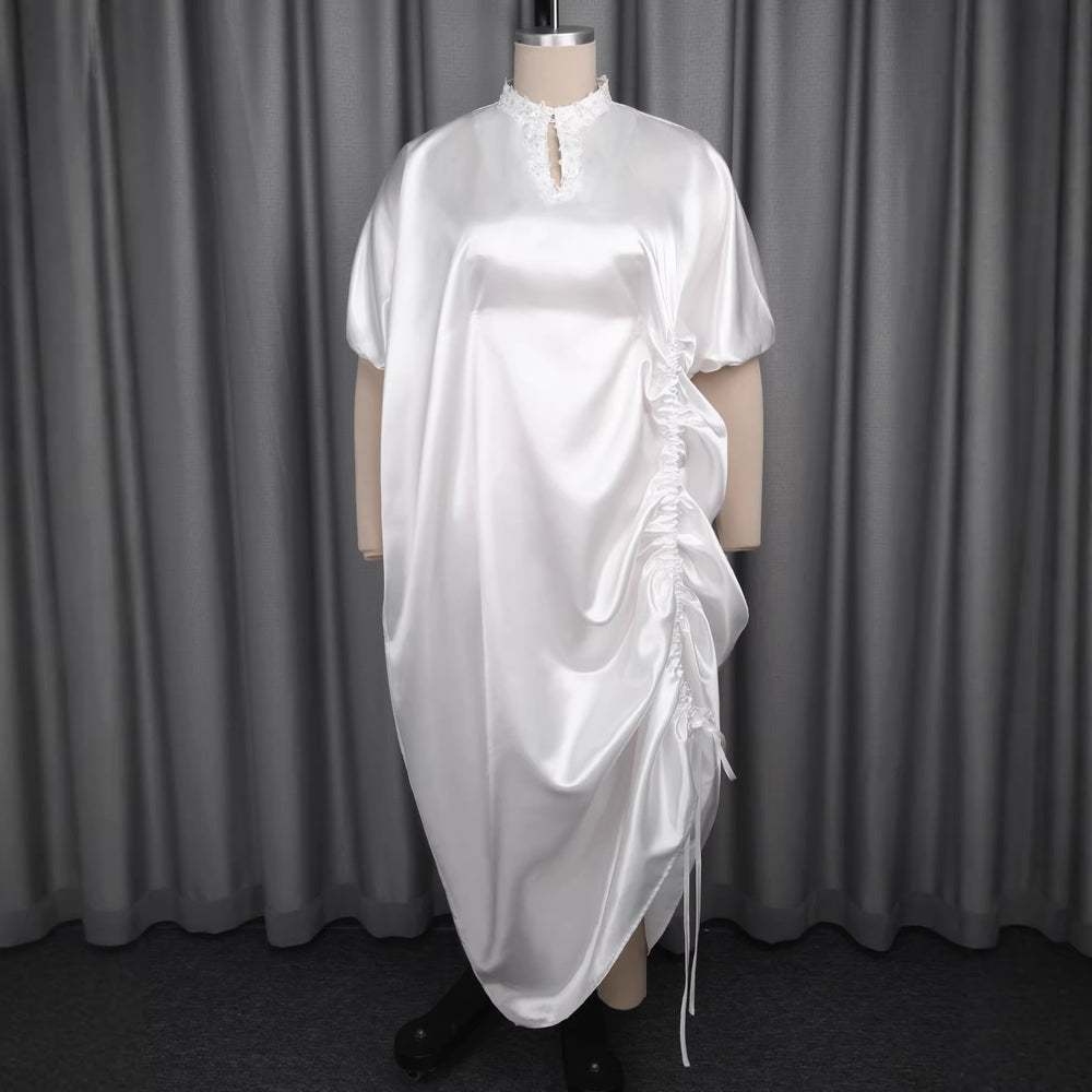 White satin stand collar lace cut outdress looseasymmetrical drawstring slit elegant african robe skirt