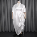 White satin stand collar lace cut outdress looseasymmetrical drawstring slit elegant african robe skirt