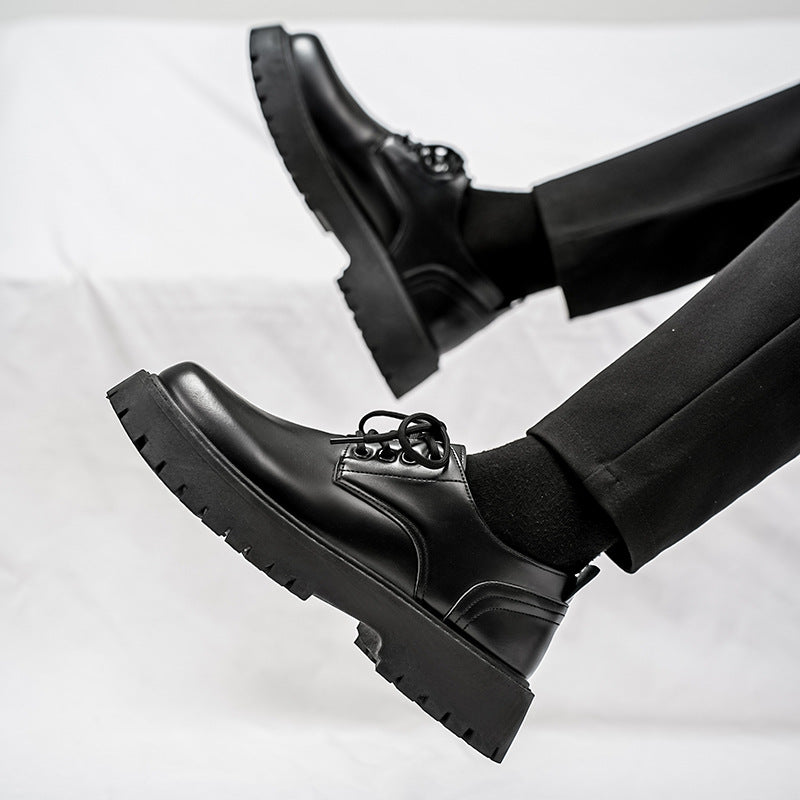 Autumn new men's casual leather shoes, retro work boots, lace-up soft sole breathable height increasing chunky sole oxfords
