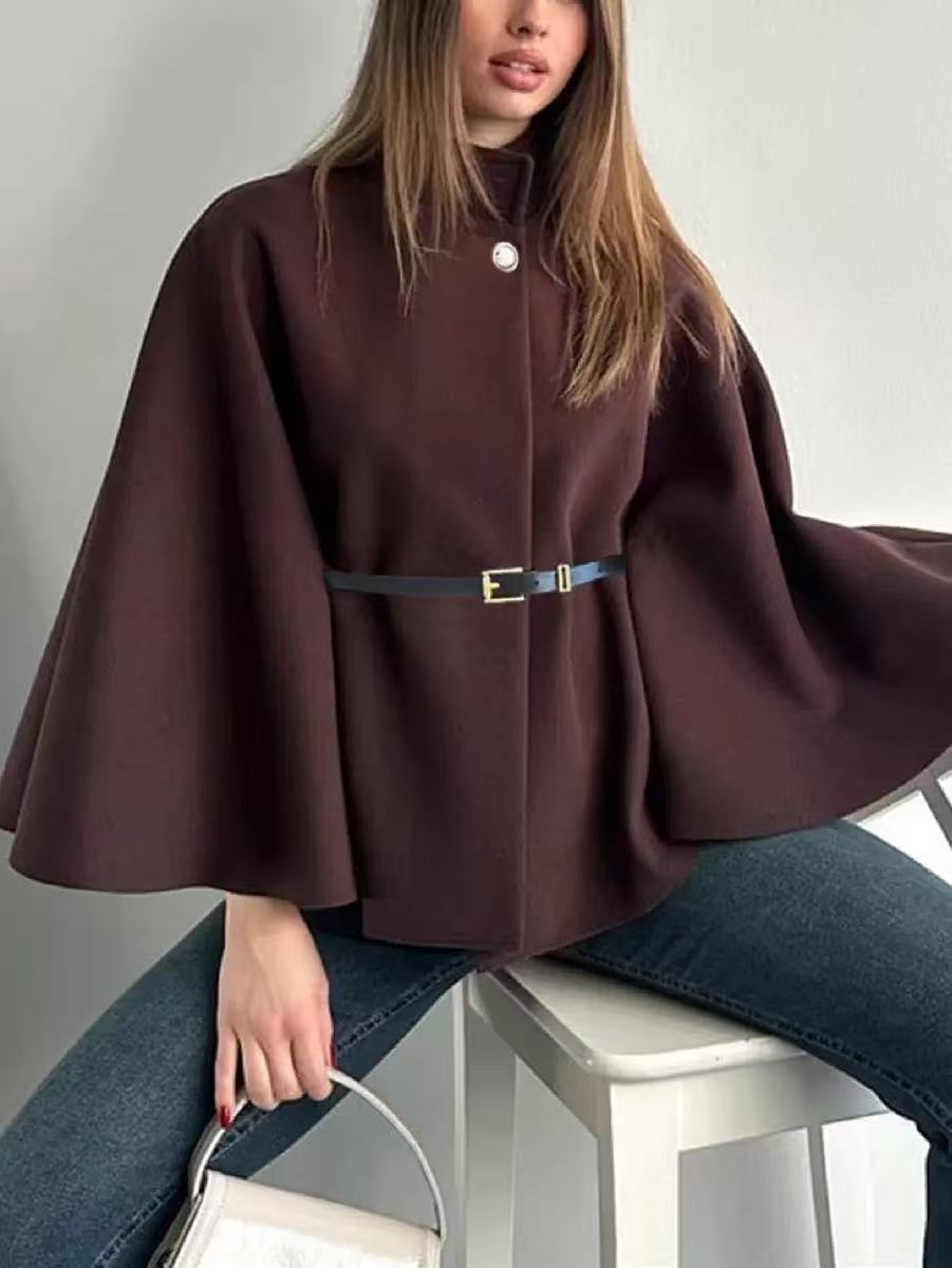 fashion women's winter elegant solid color waist-cinching tie-up wool blend cape coat