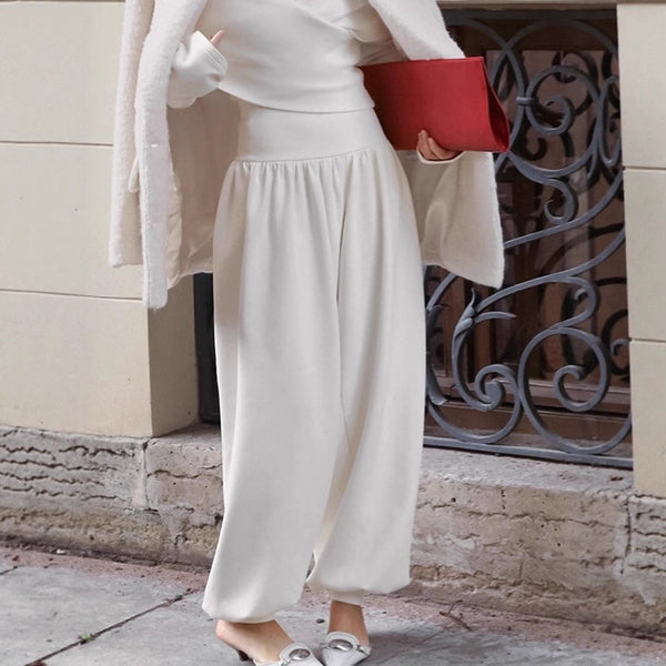 French elegant white wide-leg bloomers women's 2025 autumn fashion loose high waist body sculpting casual trousers women's clothing
