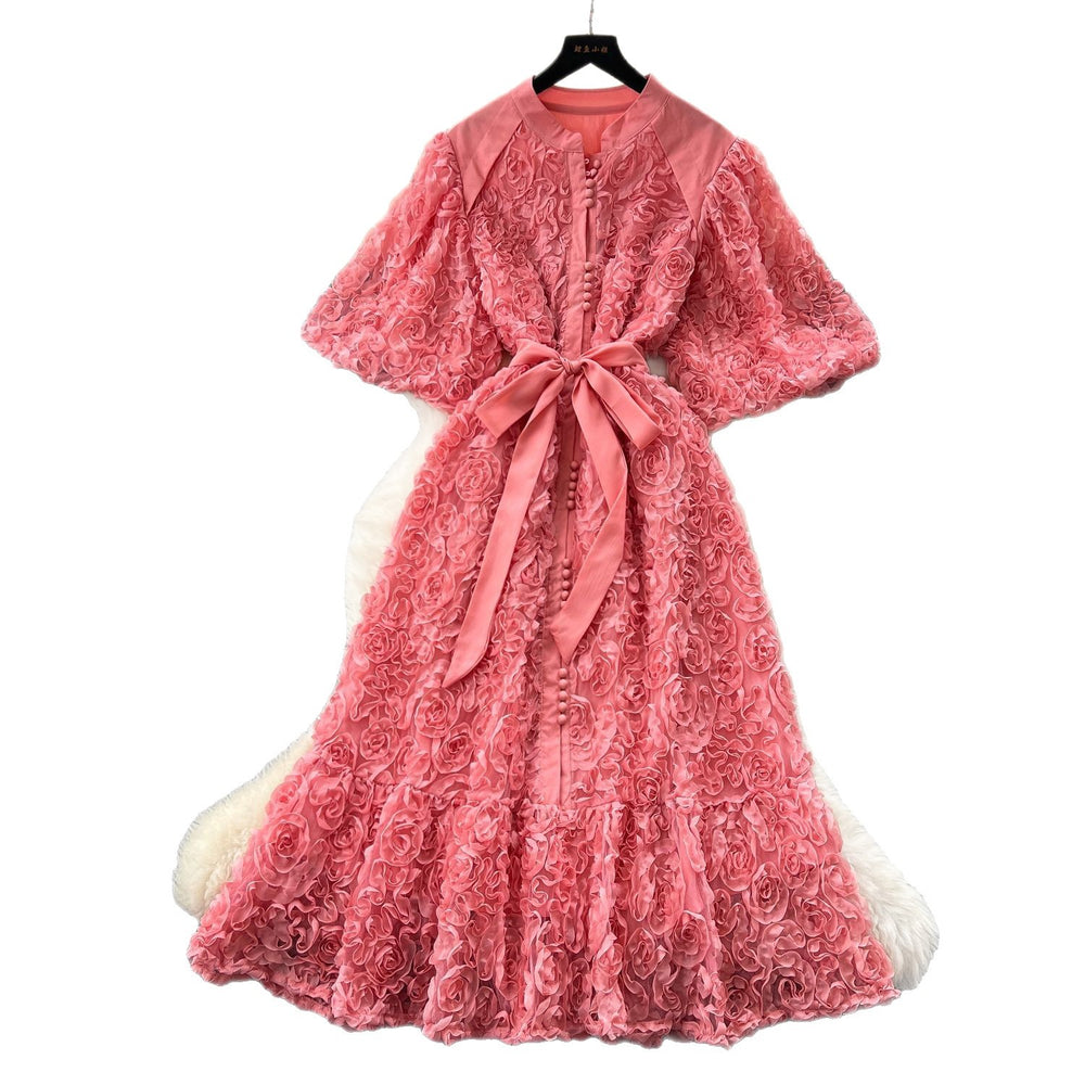 Palace style classy stereo flower lantern sleeve dress female french strap waist single breasted elegance long skirt