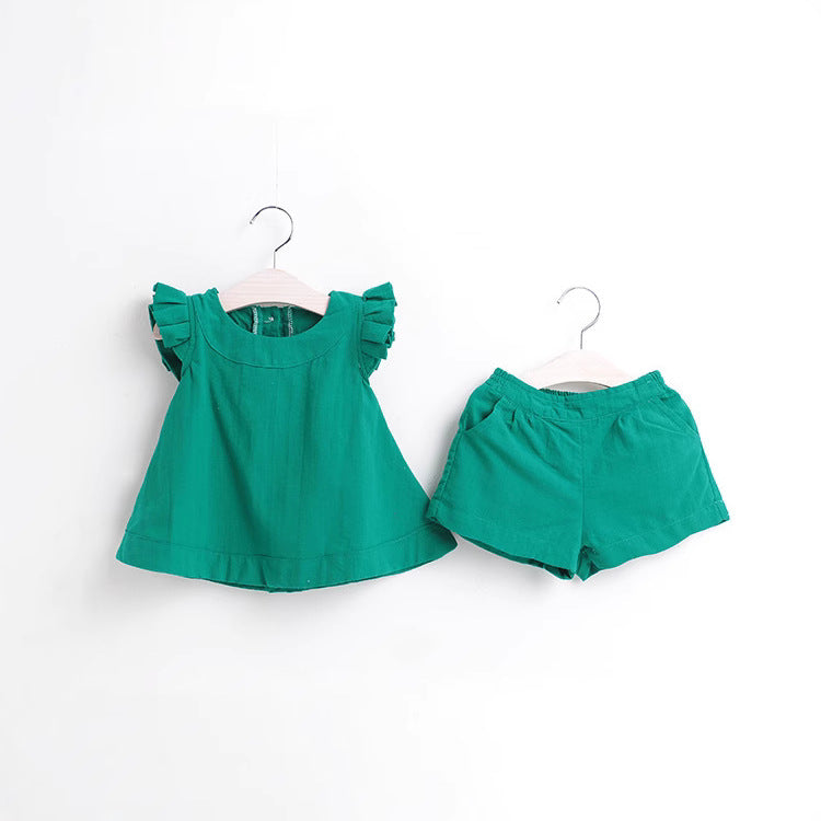 Summernew arrivalk-style fungus flying sleeves sleeveless pure colorsuitgirltwo-piece set children's clothing one piece dropshipping