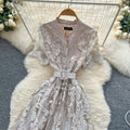 French chic high-end v-neck short sleeve lace waist dress - women's summer slimming elegant maxi dress