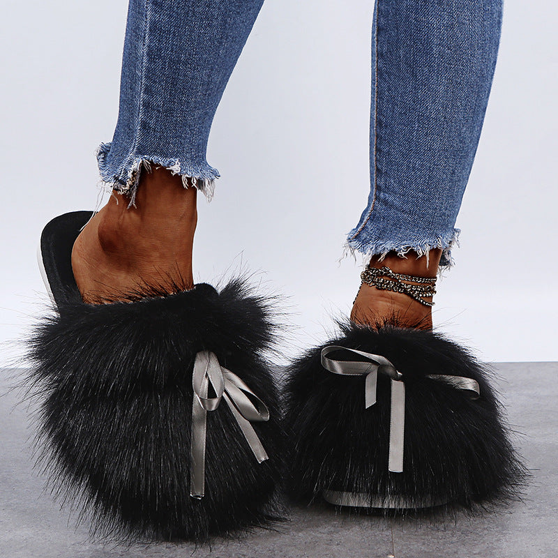 Baotou furry slippers for women outwear2024fall and winternew arrivalbows imitation fox fur fairy style flats cotton slippers