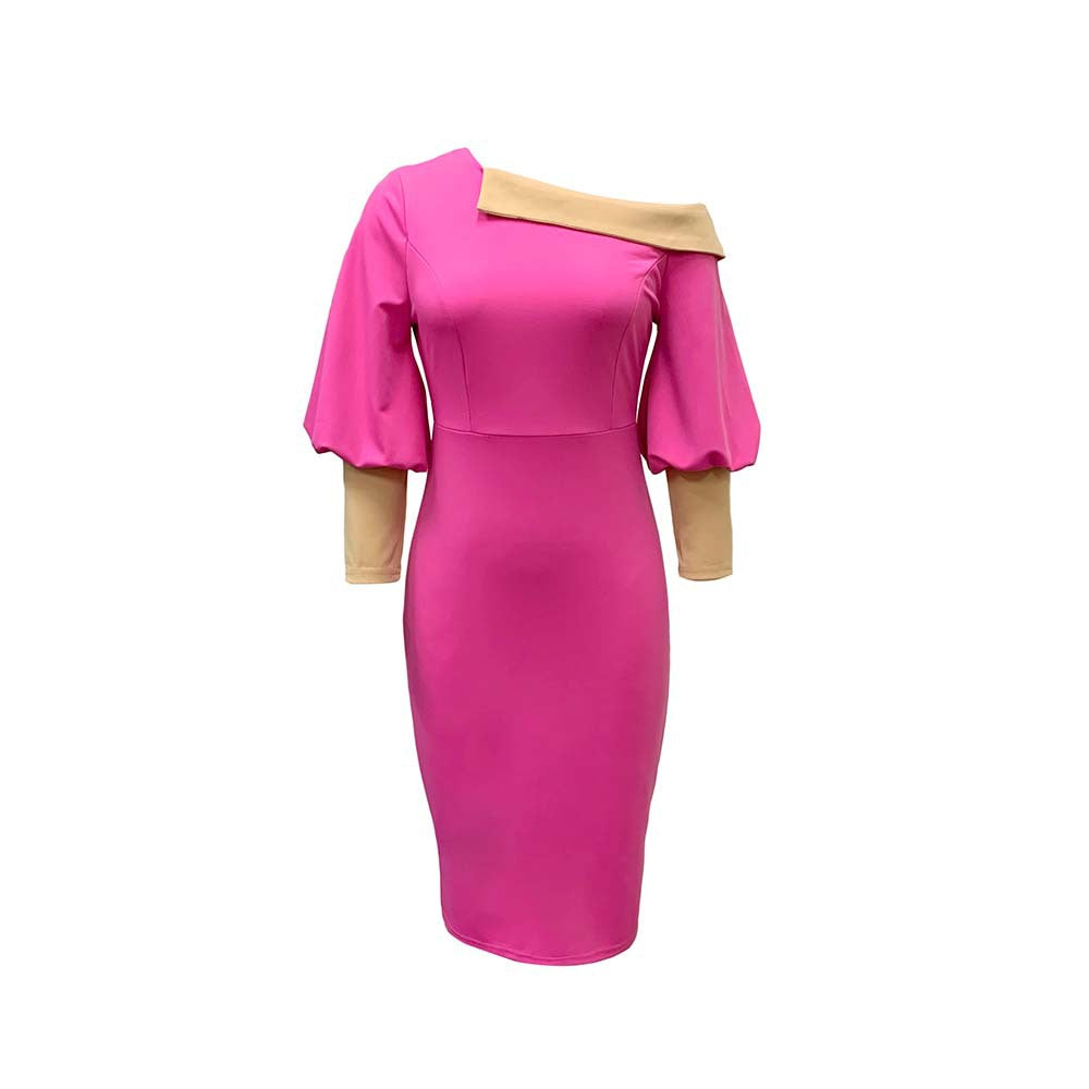 D236 new arrivalfashion color matching hip-covering off-shoulder puff sleeves elegant silmolplus sizeexportdress