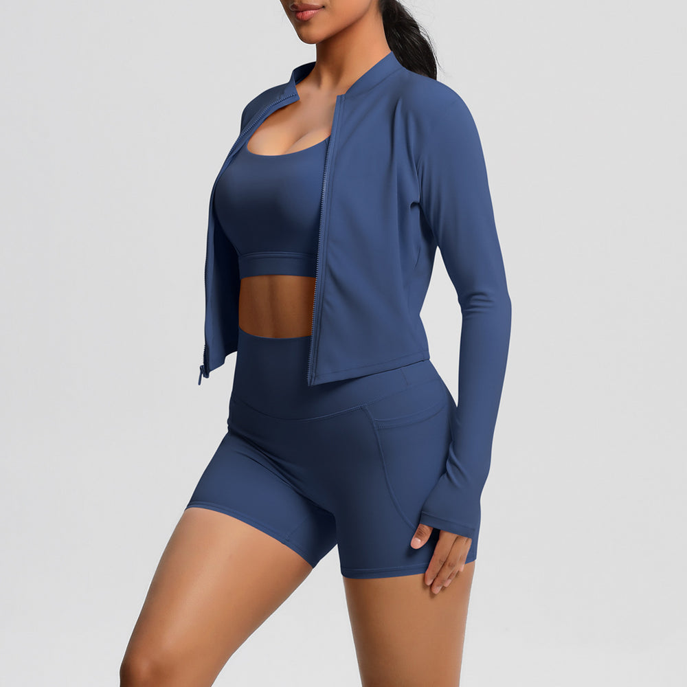 European and american solid color racerback bra, compression yoga top, pocket shorts, cloud-like running fitness set - 3 piece activewear set