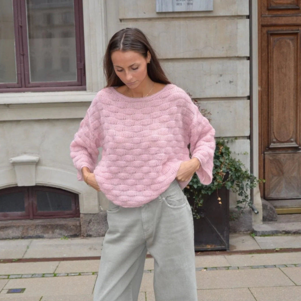 Cross-border independent station  European and American sweaters women's wish crew neck loose medium-sleeved sweater fashion pullover knitted sweater