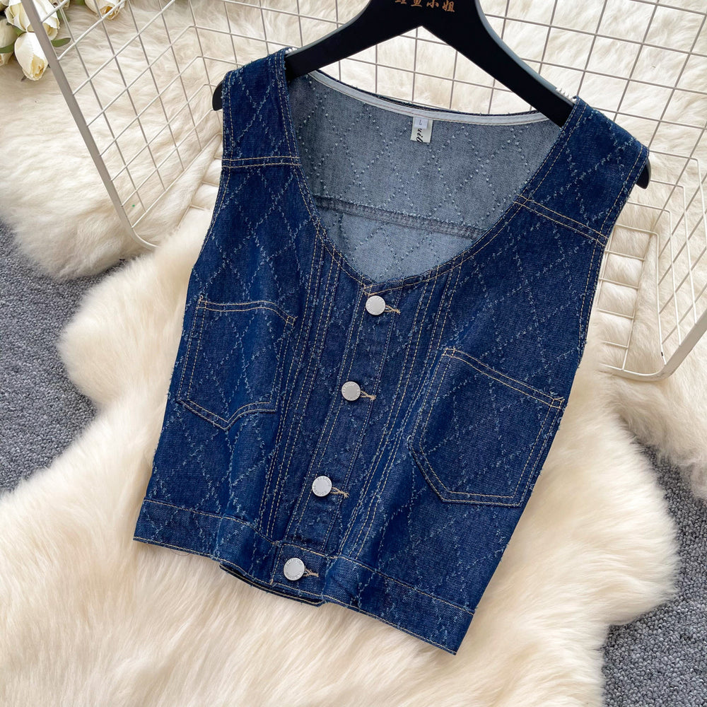 K-stylework clothing style denim two-piece set women's summer sleeveless vest high waist pants silm pants slimming lookelegantsuit
