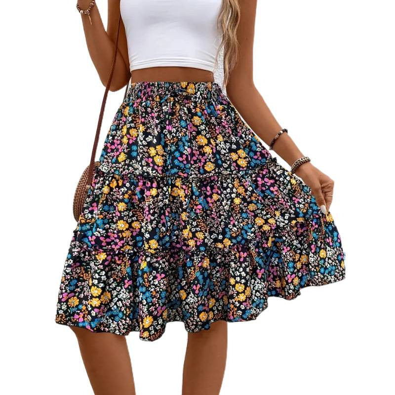 Shipped: european and american summer floral print women's bohemian ruffle hem midi skirt