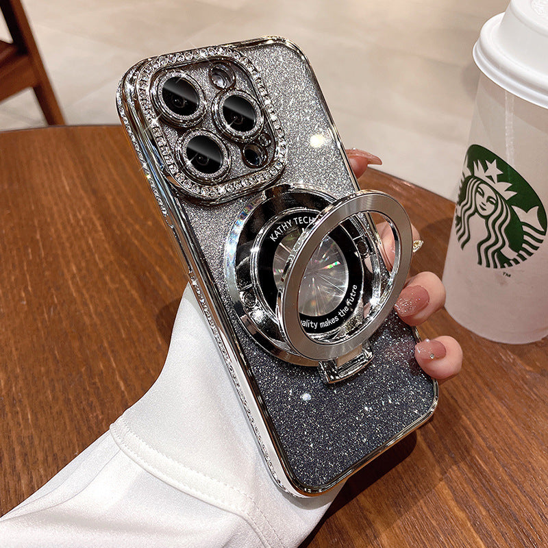 Suitable for apple 17promax light luxury rhinestone electroplated mobile phone case 15 glitter magnetic holder apple 16 protective cover