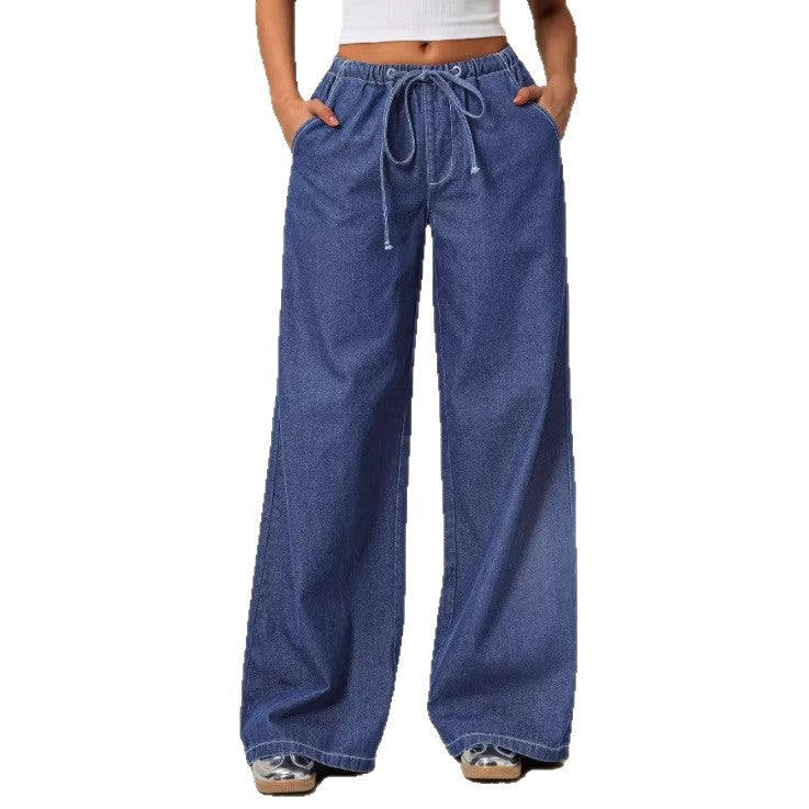 Amazon tiktok pinduoduo export cross-border fashion drawstring elastic waist wide leg jeans women's summer thin style