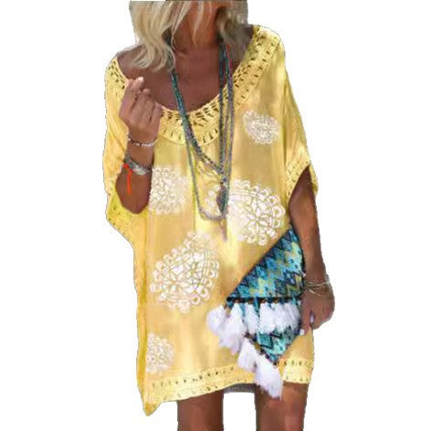 european and american export women's elegant v-neck short sleeve lace patchwork printed dress