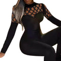 european and american export women's fashion patchwork sexy diamond mesh cinched waist slim fit micro flare jumpsuit