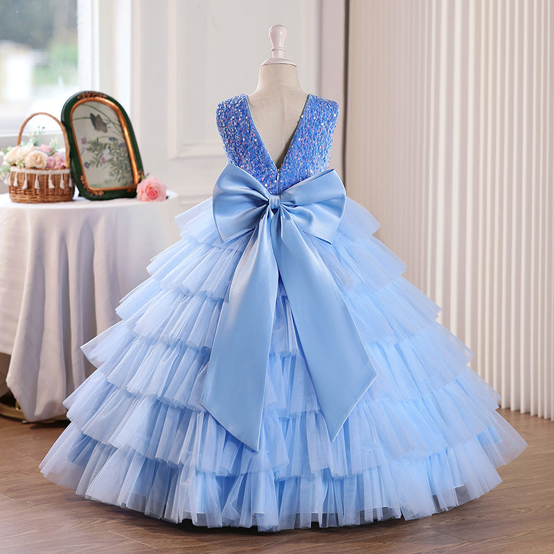 Girls' evening gown with bow detail, open back, light luxury chanel style, high-end children's runway/piano performance dress - in stock