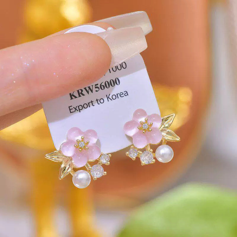 Sakura pink jelly flower sense of design small fresh pearl artsy daily earrings fairy fashionable popular earrings