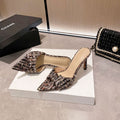 Wo huizhou 2026 new arrival high heels fashion tweed style pointed toe stiletto open toe woolen dark brown woolen black