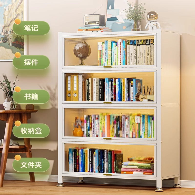 Dustproof iron art flip-door bookcase for home, living room, bedroom, multi-layer floor storage cabinet, student and children's bookshelf organizer