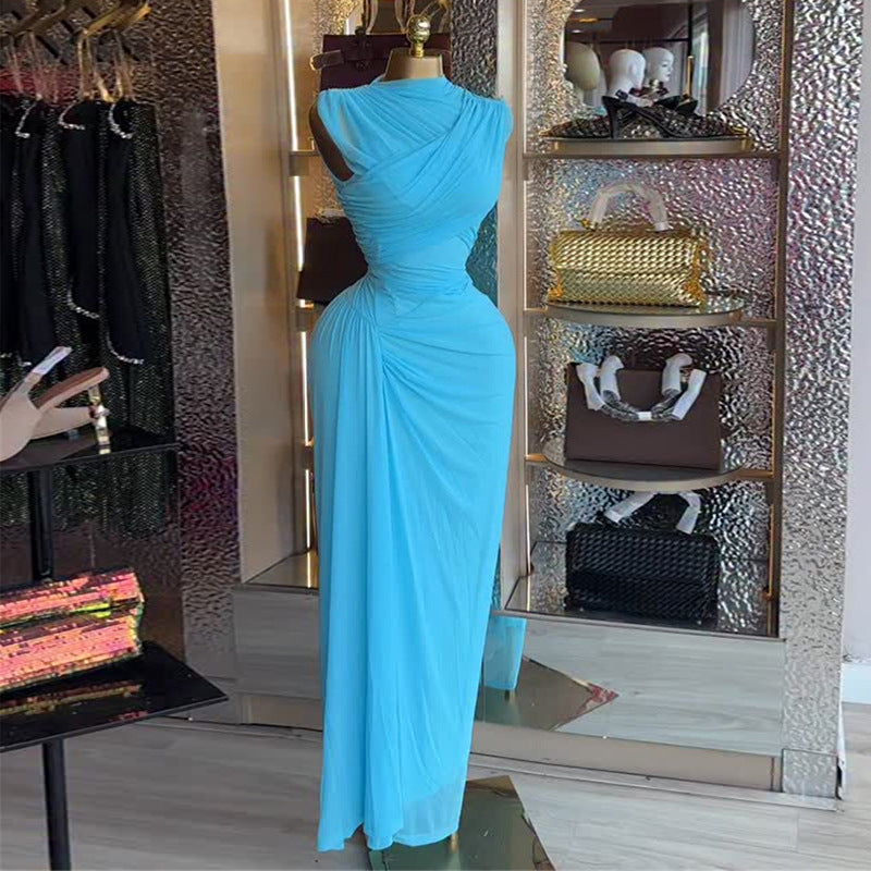 European and american cross-border women's fashion:  autumn new arrival - elegant, designer, ruched, slim-fit, solid color, long dress