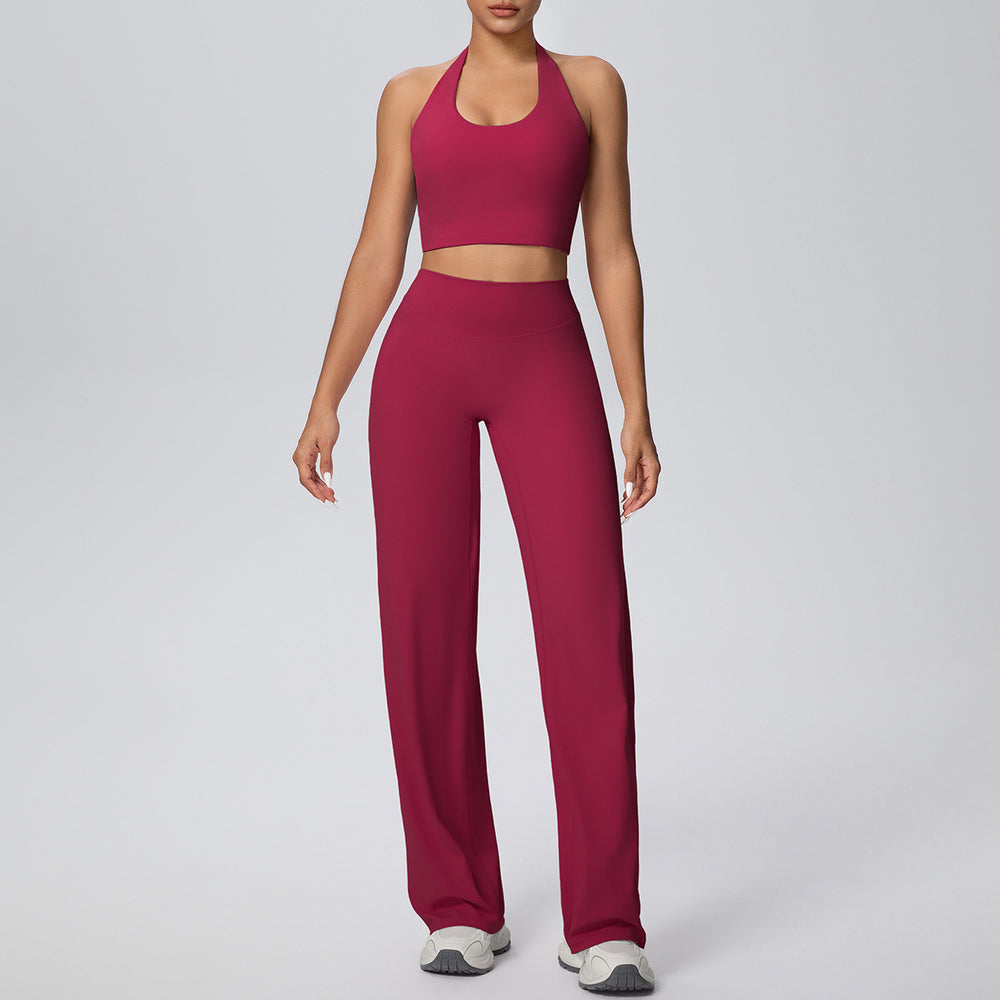 New arrival cross-border pure color double-sided brushed halter wide-leg pants yoga suit sports running fitness two-piece set for women
