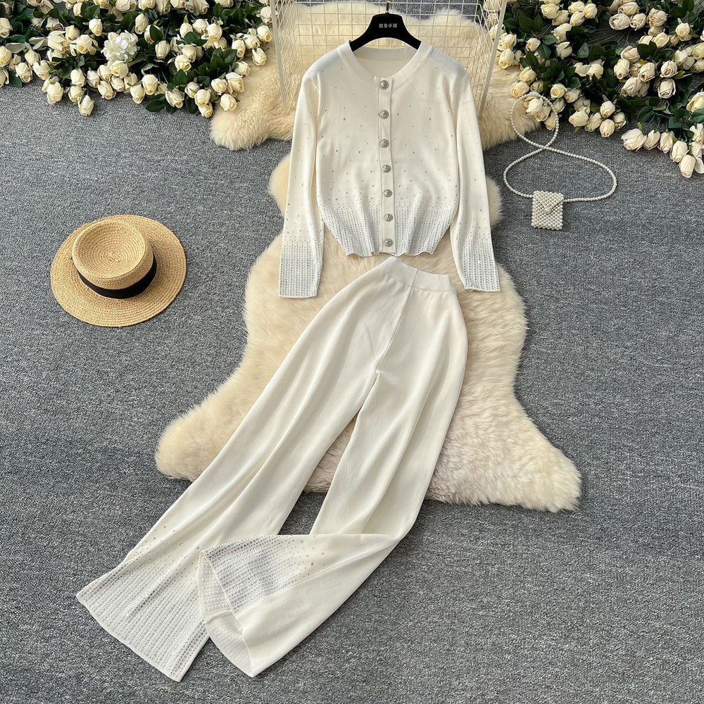 Fashion celebrity fashion rhinestone round neck knittingcardiganhigh waistloose wide legpantsfall and winterknittingtwo-piece set for women