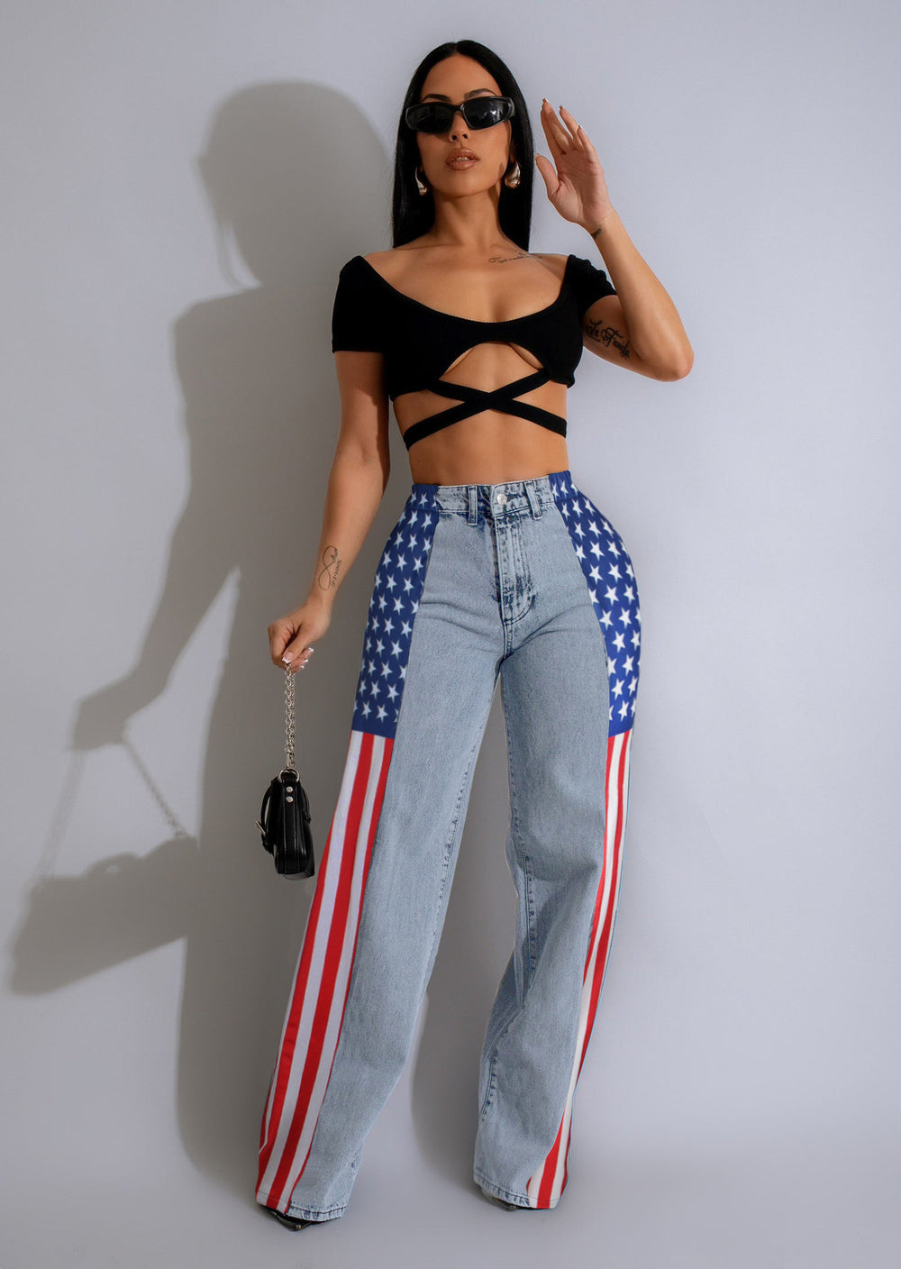 fashion american flag print stretch wide leg denim pants women's casual high waist straight leg jeans