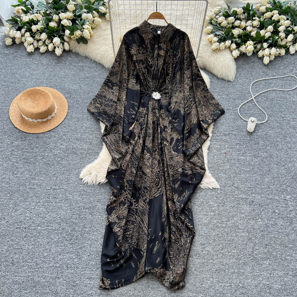 Vacation style printingpatchworkclassy new arrivaldress women's waist slimming look large swing long skirt work clothingelegant skirt