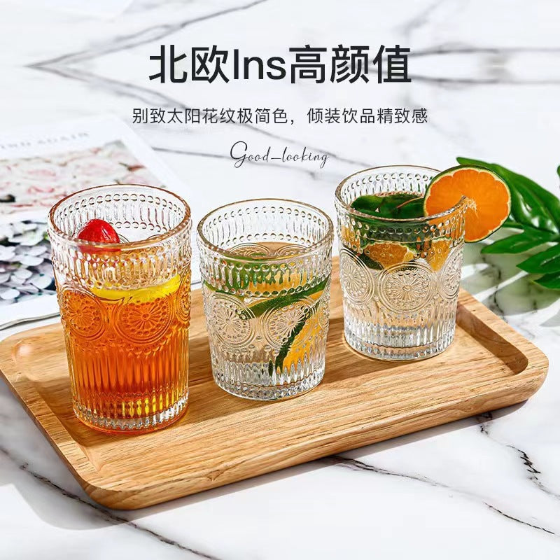 Personalizedretro sunflower glass drinking water household water cup tall style embossed breakfast cup good-looking gift