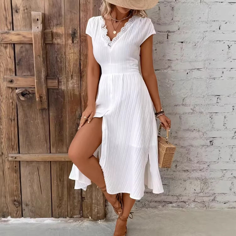 Fashion cross-border  exportspring & fallnew arrival women's fashioncasualv neck lace patchworkdress