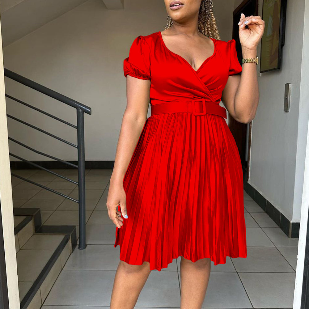 D370 belted european and american style women's summer  new  v-neck sexy pleated plus size foreign trade dress