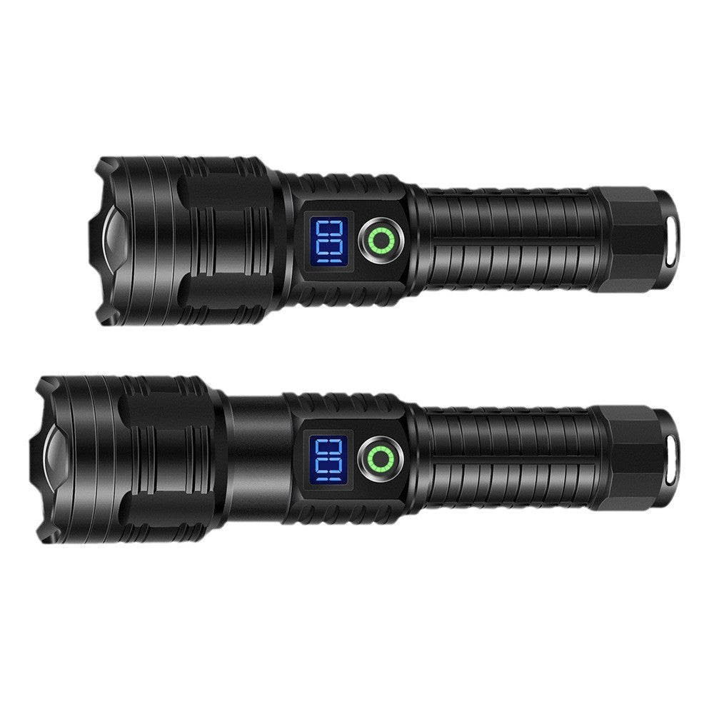 White laser telescopic zoom strong light flashlight power display USB charging household outdoor lighting strong light flashlight