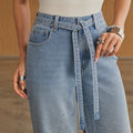 Fashionjeans women's full-width hot diamond with the same material belt light blue washed high waist wide-leg mop denim pants