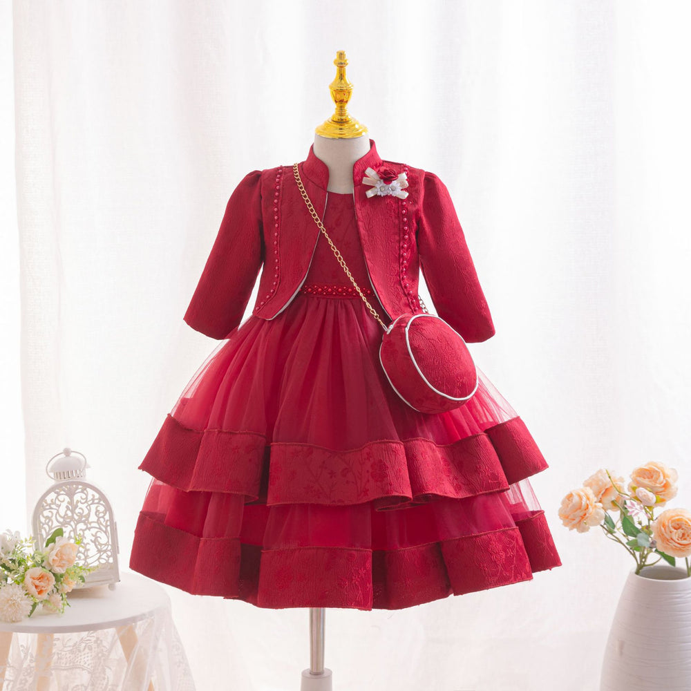 New three-piece children's formal dress set, featuring a beaded floral princess gown, perfect for little girls' piano recitals and flower girl outfits