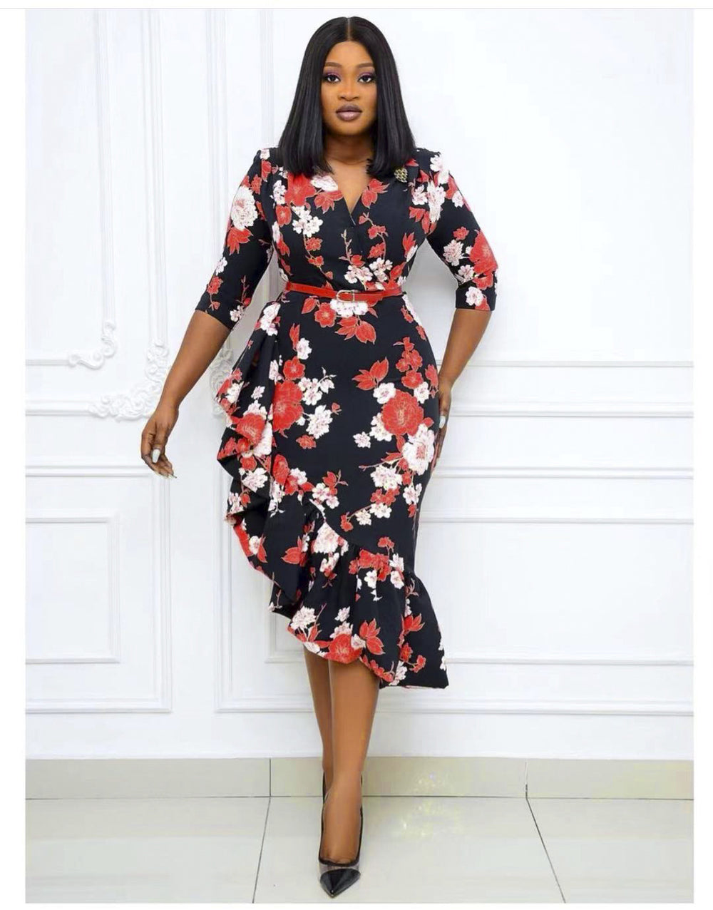 European and american african women's summer plus size clothing  v-neck private label socialite print irregular dress