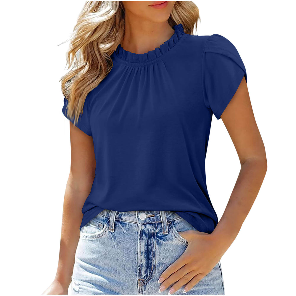 cross-border women's solid color button-down crew neck short sleeve ruched top