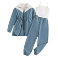 Girls' activewear three-piece set: blue color block jacket, cinched waist cami top, and long pants - autumn outfit for kids