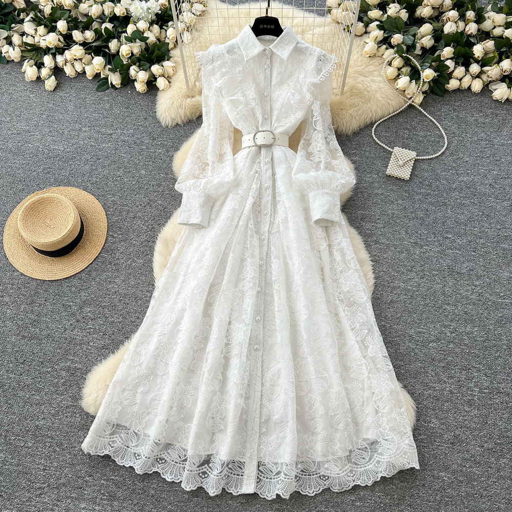 Luxury chic polo collar dress - spring collection: exquisite embroidered mesh, unique design, ethereal and elegant maxi dress