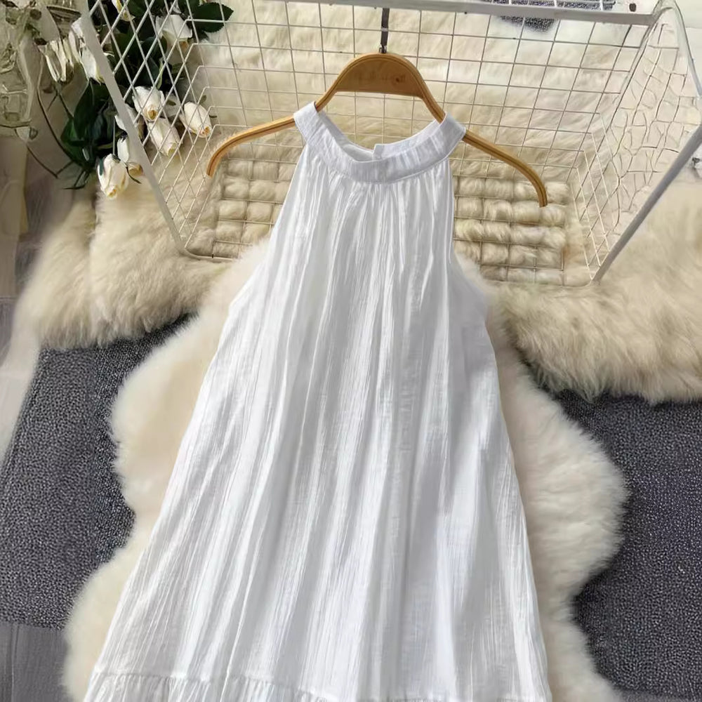 White fairy dress 2024 summer new arrival - high-end sleeveless halter neck lace patchwork loose elegant maxi dress