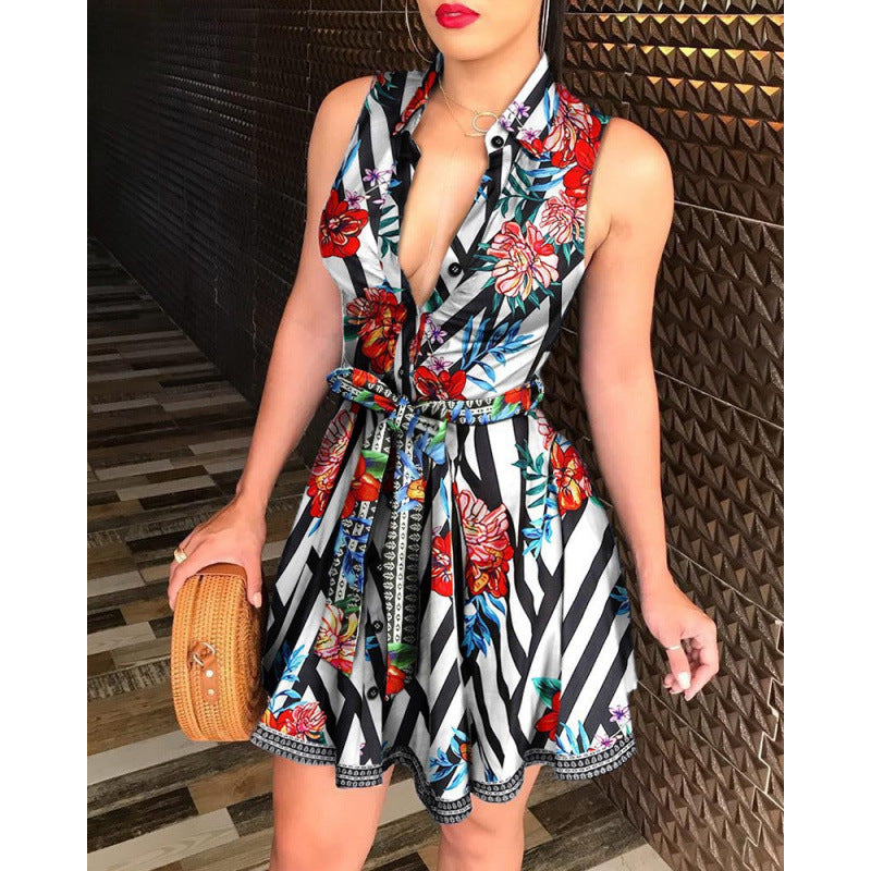 summer new arrival: cross-border women's fashion hot seller - v-neck tie-up sexy printed dress