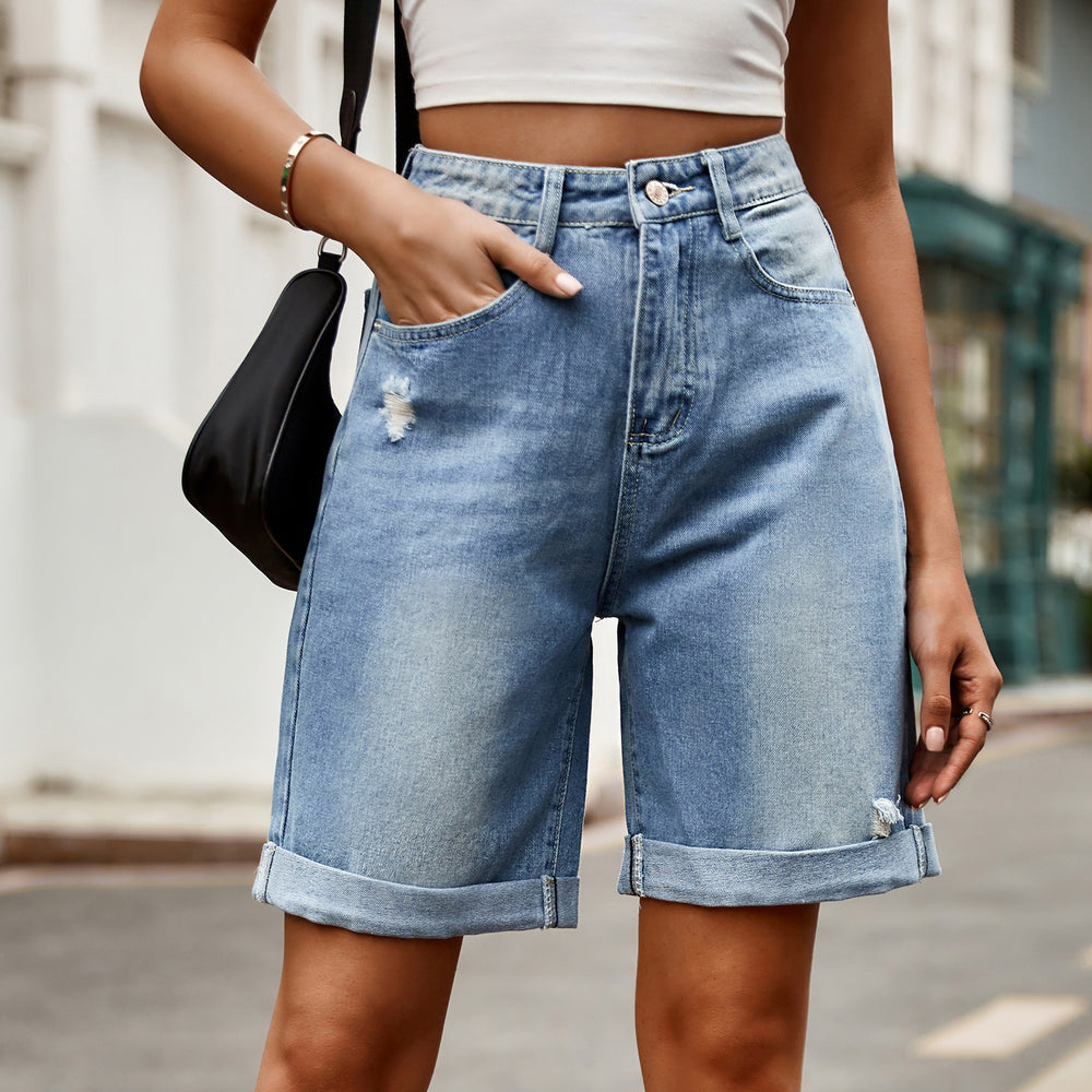 European and american clothing cross-border trade independent station  new arrival ripped and curled half length denim shorts casual pants trendy