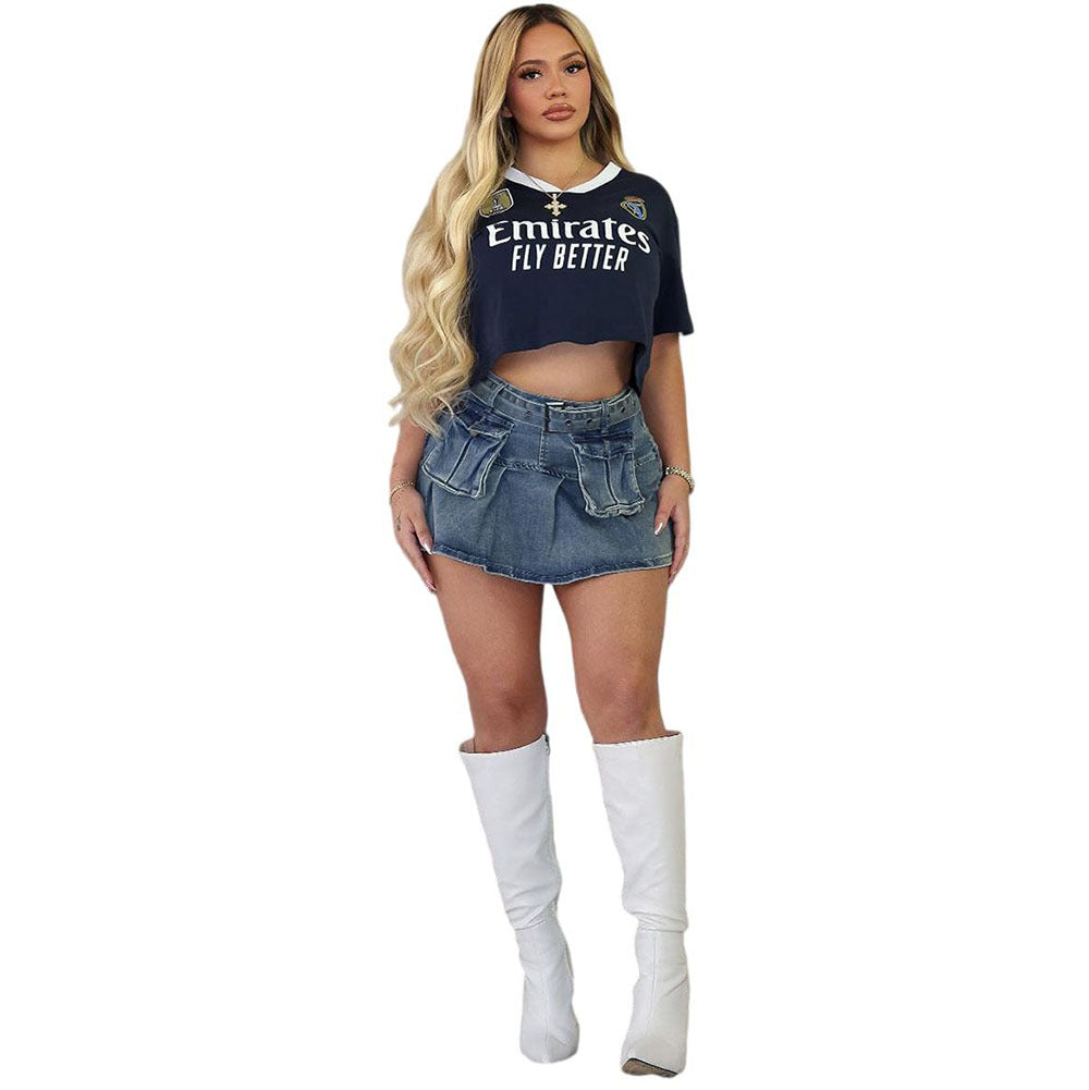 European and american style women's denim skirt - high-waisted, multi-pocket, ruffle hem, bodycon pleated mini skirt for  cross-border e-commerce