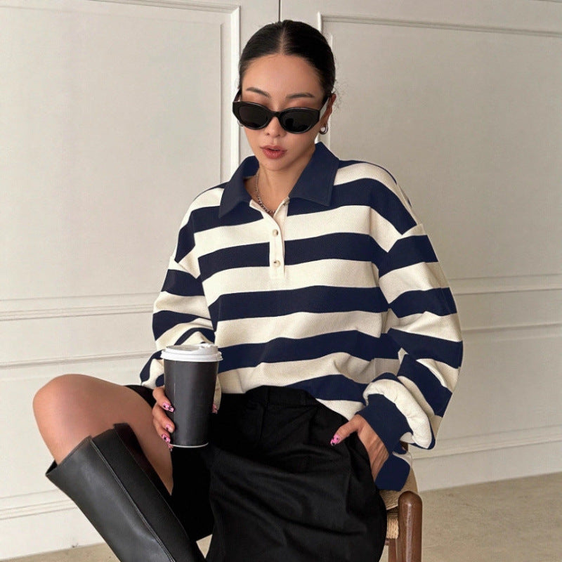 Long sleevest-shirt women's sweatshirtpolo collarautumtrendy brand lapeltrendy youth easiest for matchhandsomestripes