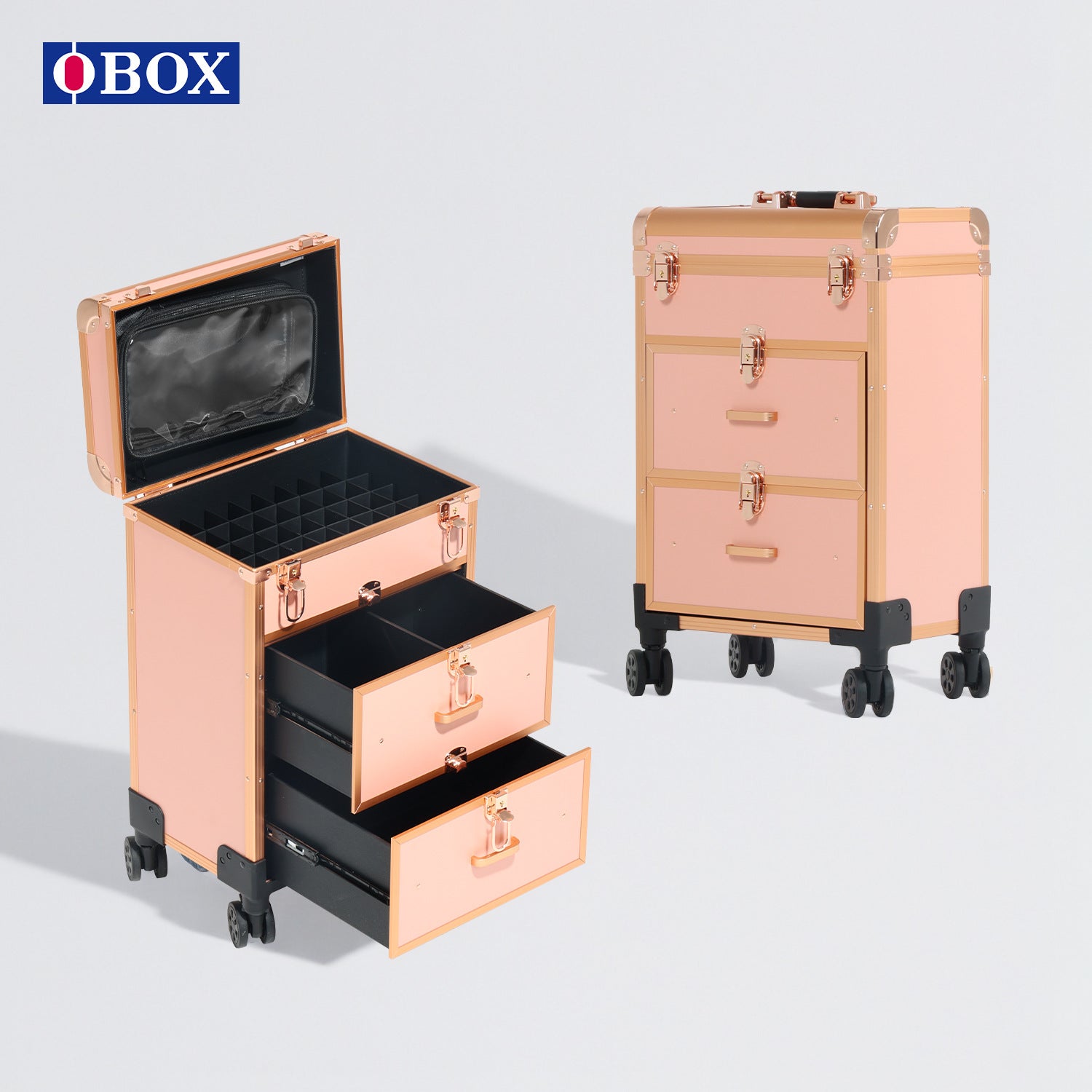 OBOX热卖拉杆化妆箱双层分隔设计便携式滚轮行李箱影楼剧组专用化