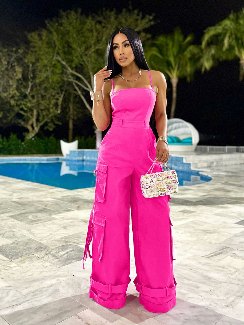 european and american new arrival cross-border women's sexy bandeau multi-pocket cargo jumpsuit wide leg romper