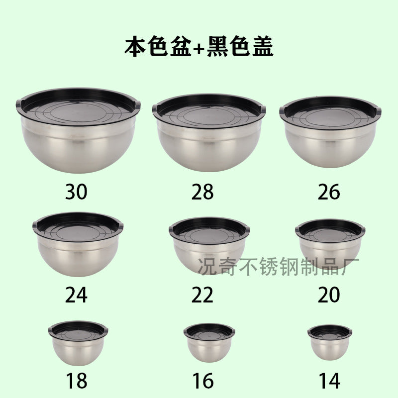 Stainless steel deep salad bowl with color-sprayed lid, round mixing bowl with non-slip silicone base for kitchen use